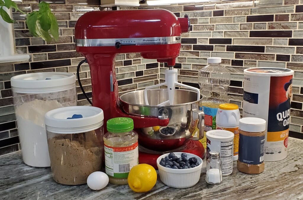 Ingredients for Blueberry Lemon Muffins including applesauce, cinnamon and oats.